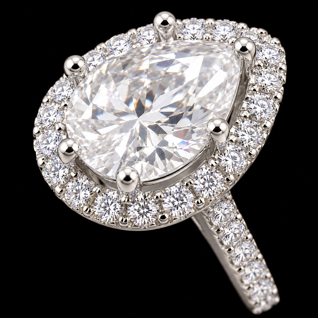 Lusso Celeste 925 Sterling Silver Pear Halo Moissanite Ring – 1.90 CTW