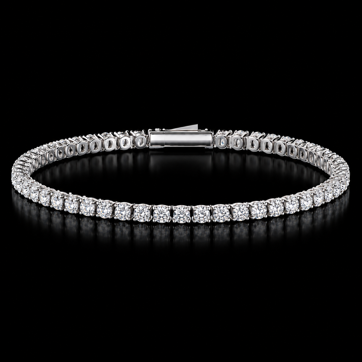 A silver tennis bracelet set with round brilliant-cut diamonds, displayed in a circular shape against a solid black background with a soft reflection below.