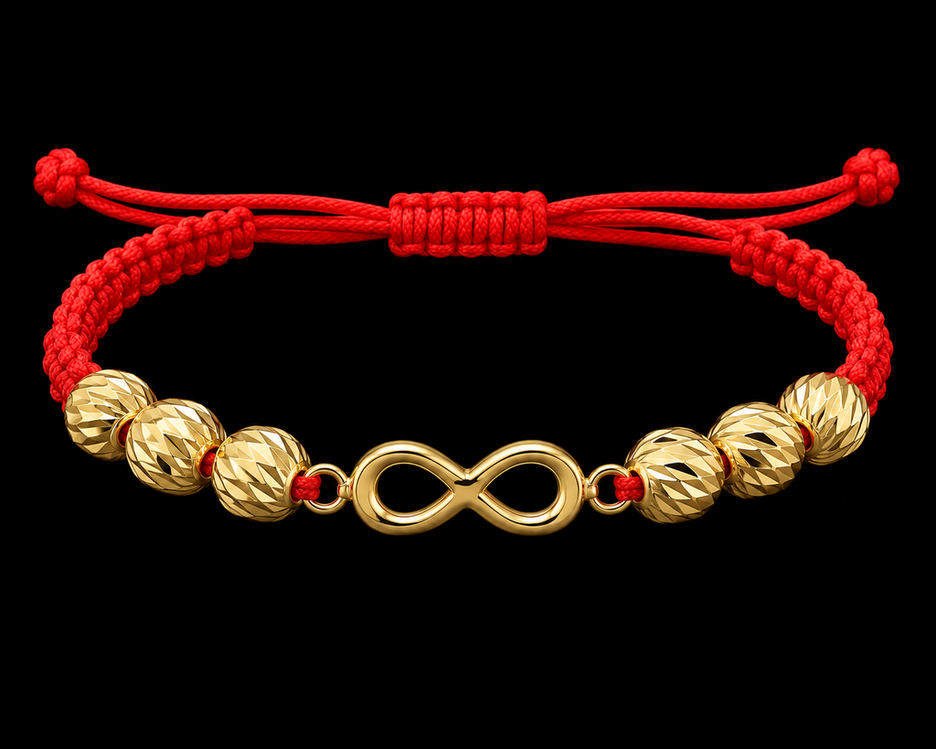 18K Yellow Gold Infinity Red Macramé Bracelet