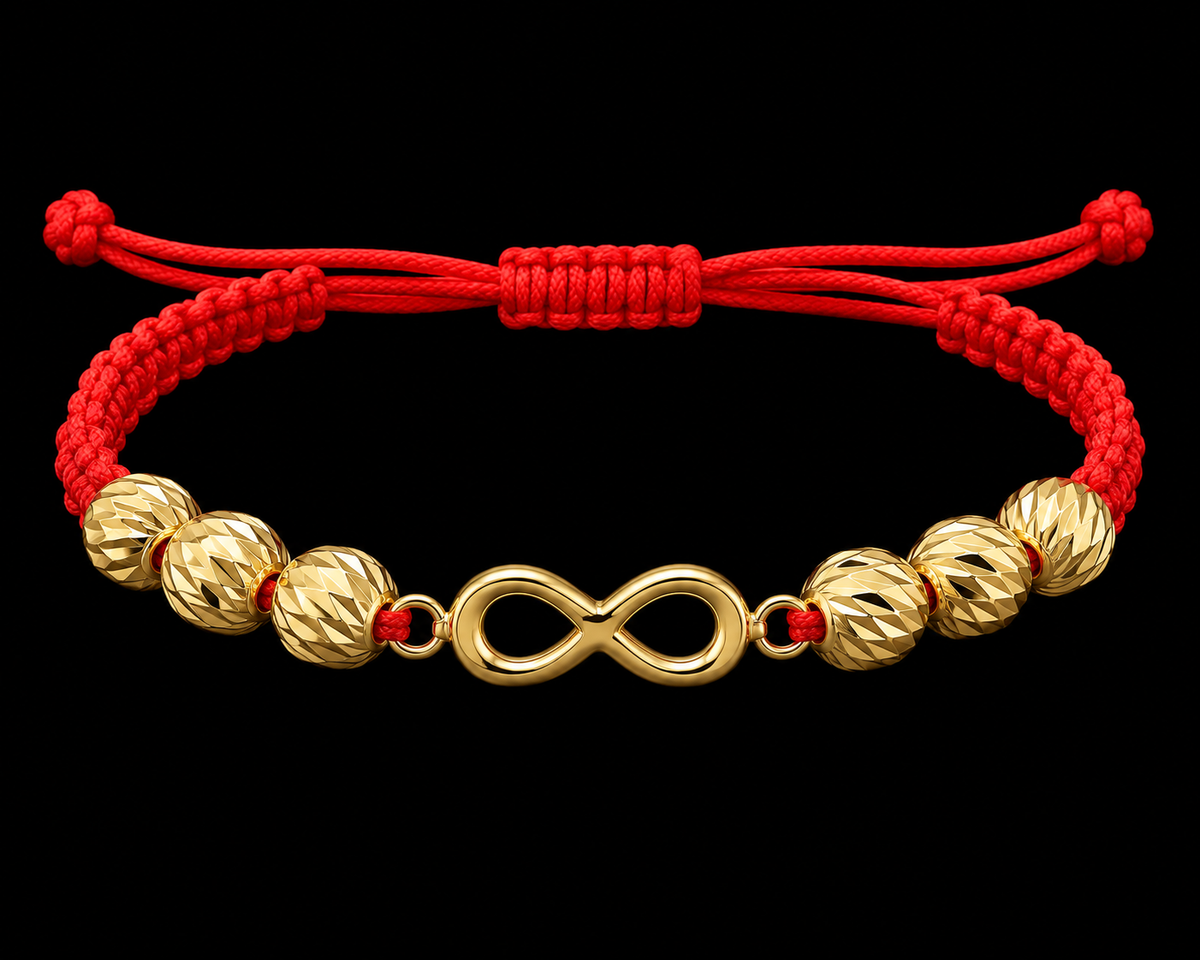 18K Yellow Gold Infinity Red Macramé Bracelet