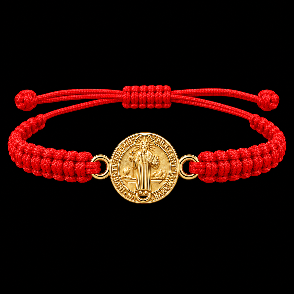 18K Yellow Gold Saint Benedict Red Macramé Bracelet