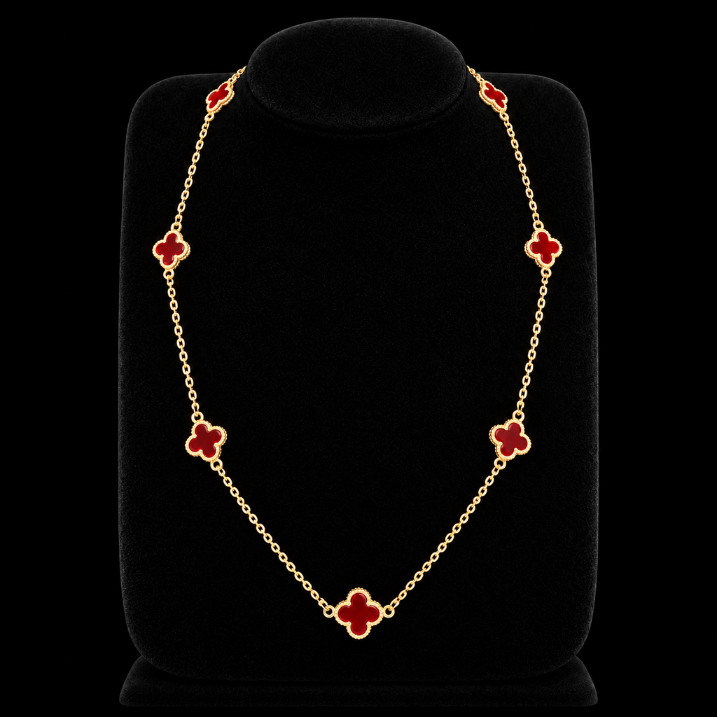S17.5" | Crimson Clover Red Seven-Motif Necklace in 10K Yellow Gold