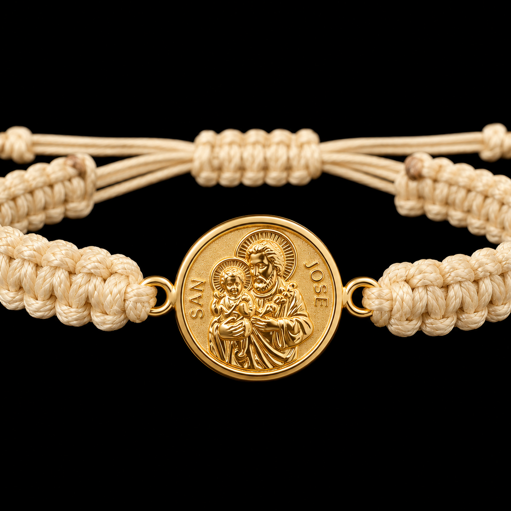18K Yellow Gold Saint Joseph Medal Ivory Macramé Bracelet