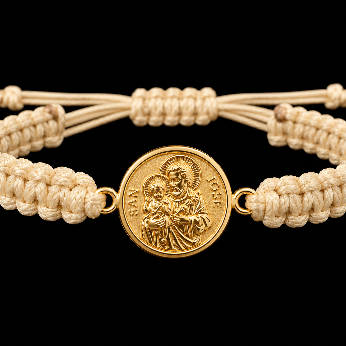 18K Yellow Gold Saint Joseph Medal Ivory Macramé Bracelet