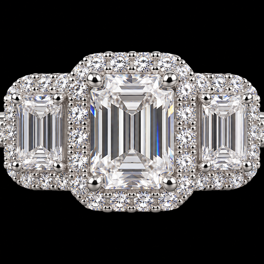 S7 | Lusso Trinity 925 Sterling Silver Emerald-Cut Moissanite Ring – 1.61 CTW