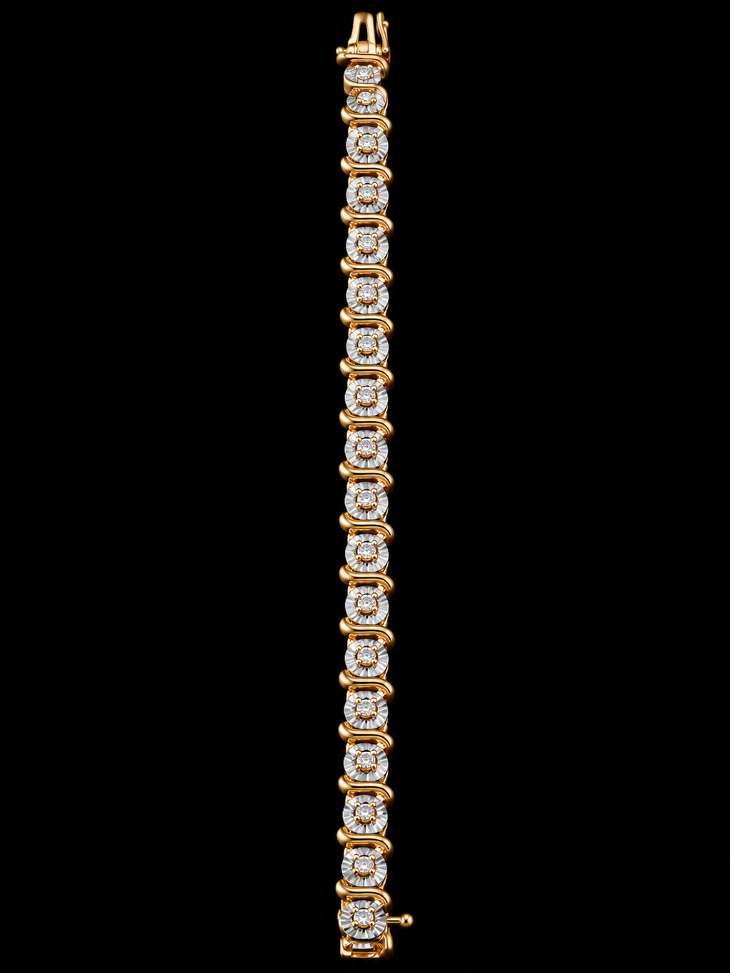 A slim yellow gold tennis bracelet featuring a continuous row of round-cut diamonds in a wavy channel setting, presented vertically against a solid black background.