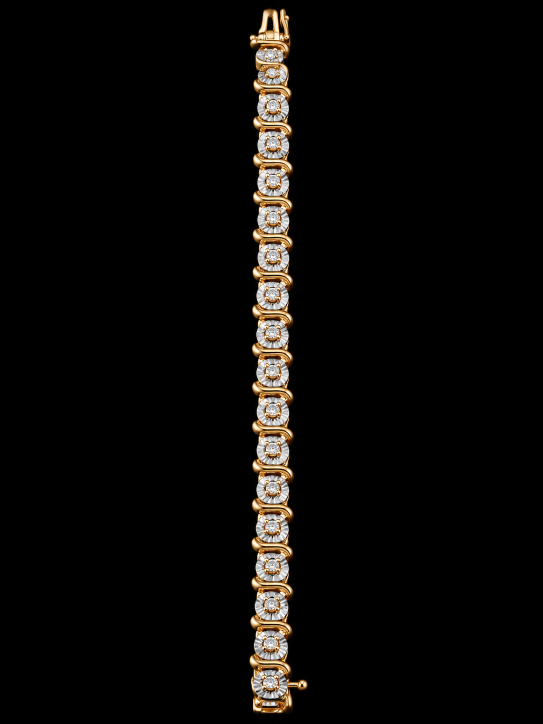 A slim yellow gold tennis bracelet featuring a continuous row of round-cut diamonds in a wavy channel setting, presented vertically against a solid black background.