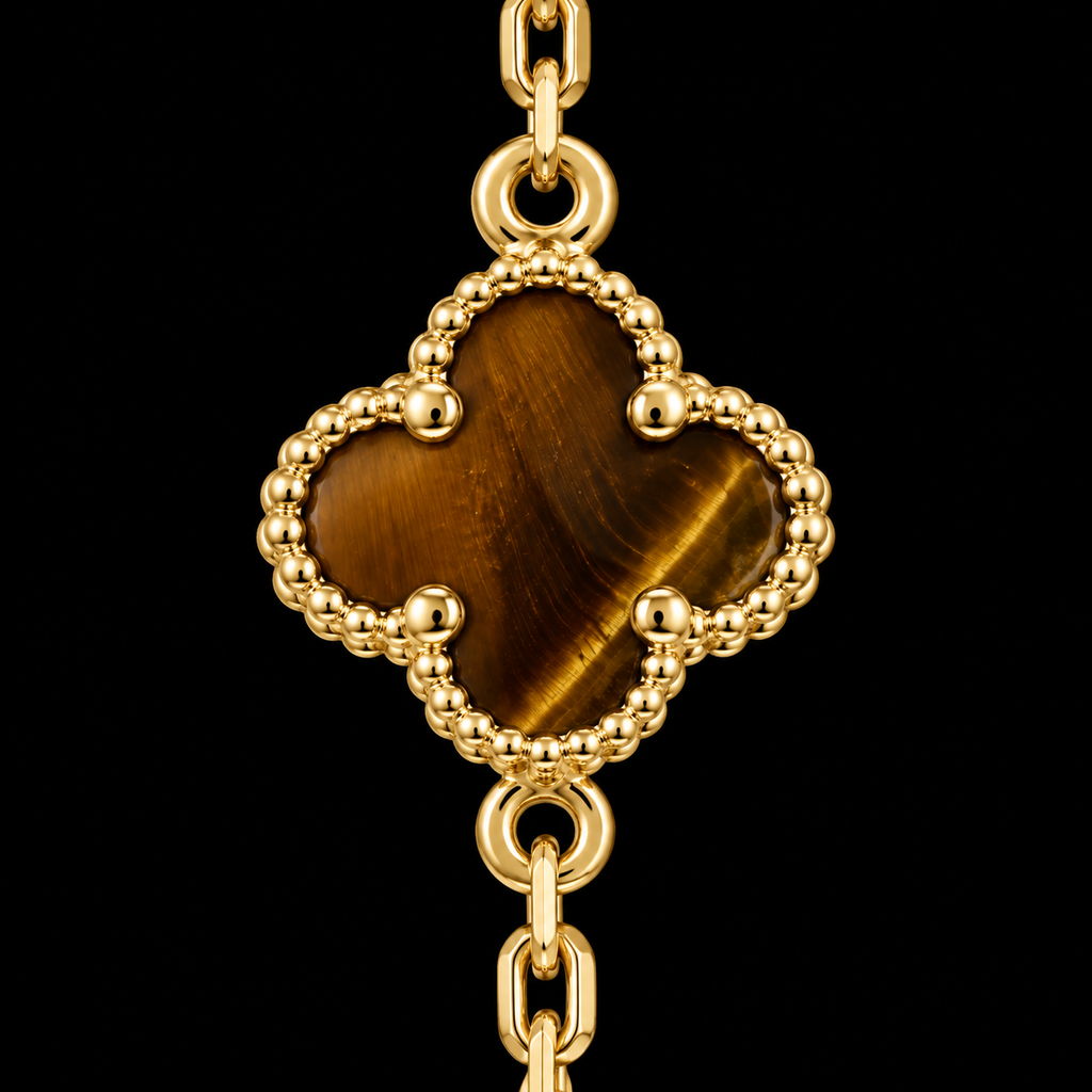S7.5" | Golden Fortune Tiger’s Eye Five-Clover Bracelet in 10K Yellow Gold