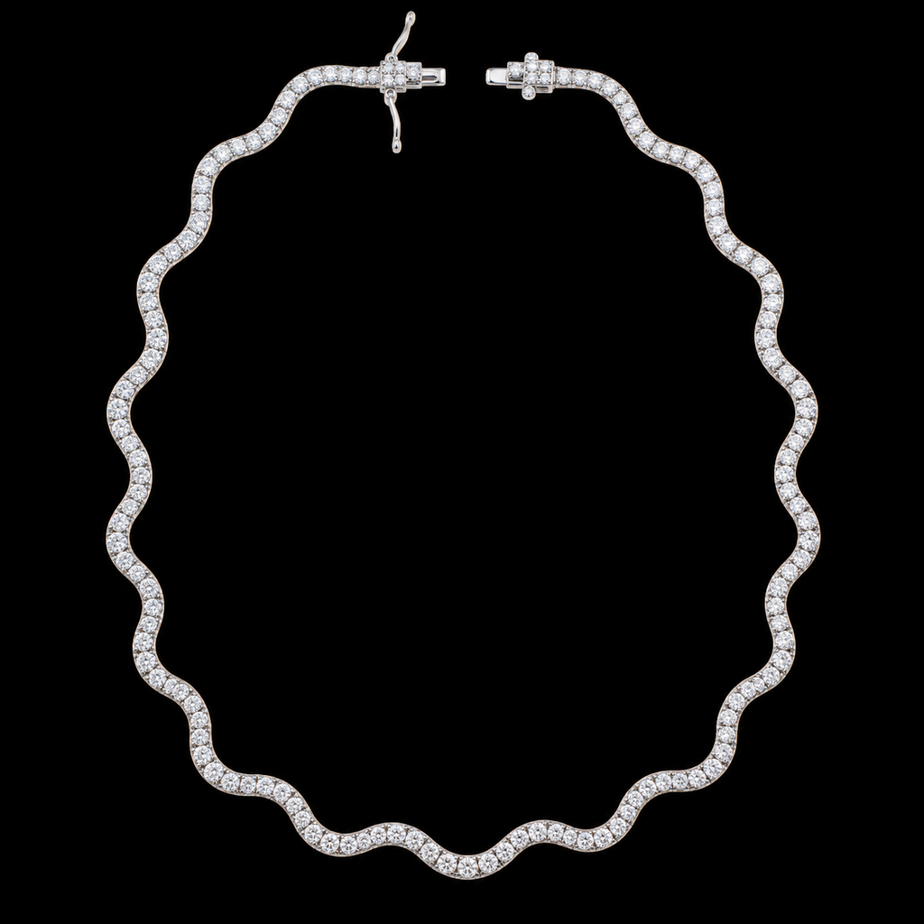 19" | 925 Sterling Silver Wavy Moissanite Tennis Necklace – 8 CTW VVS D | 3MM