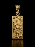 Gold pendant designed like a one-dollar bill on a black background