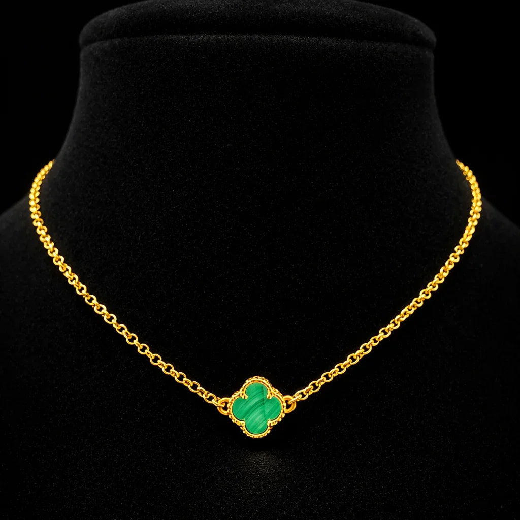 18K Italian Gold Malachite Clover Fine Cable Necklace – 16”