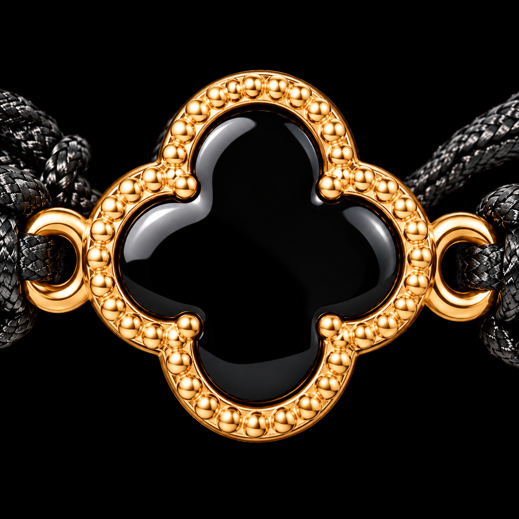 18K Yellow Gold Black Quatrefoil Macramé Bracelet – 1.10g